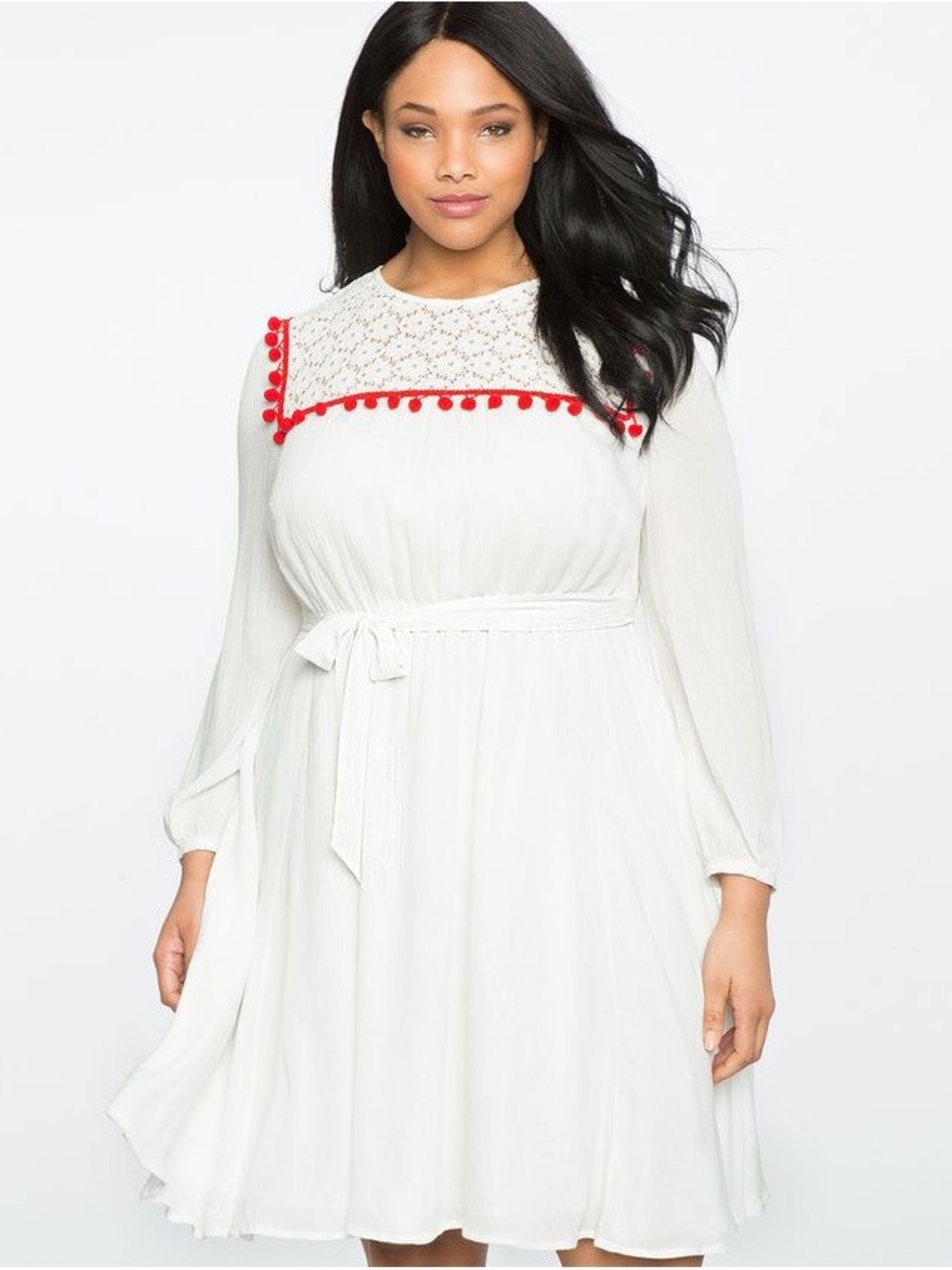 Eloquii White Long-Sleeve Midi Red Pom Trim Size 16